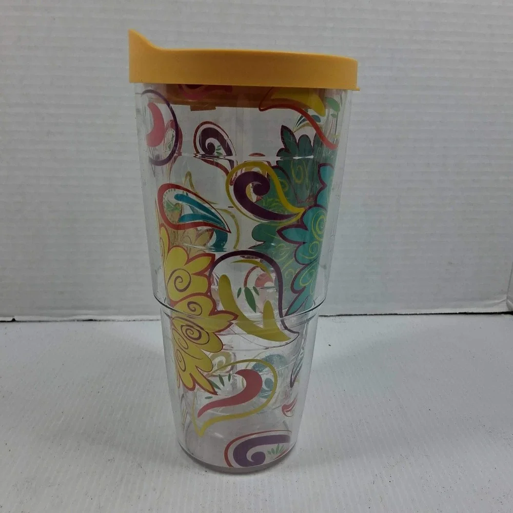 Tervis 24oz Insulated Tumbler Paisley Floral Clear Yellow Travel Lid Made in USA